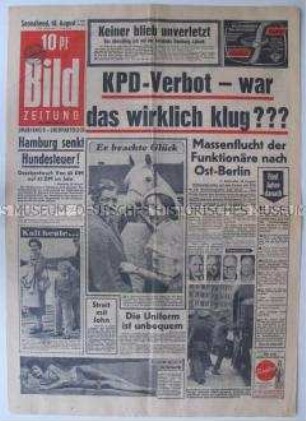 Titelblatt der Tageszeitung "Bild ZEITUNG" zum KPD-Verbot