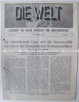 Deutschsprachige kommunistische Wochenzeitung aus Schweden "Die Welt" u.a. mit dem Wortlaut einer Rede von Molotow über die sowjetische Außenpolitik