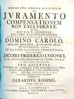 Dissertatio Jvridica Inavgvralis De Jvramento Compensationem Non Exclvdente