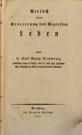 Versuch einer Erörterung des Begriffes Leben