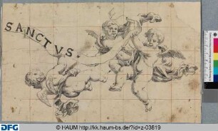Drei schwebende Putten mit Spruchband "Sanctus"