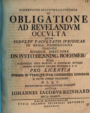 Dissertatio Inavgvralis Ivridica De Obligatione Ad Revelandvm Occvlta