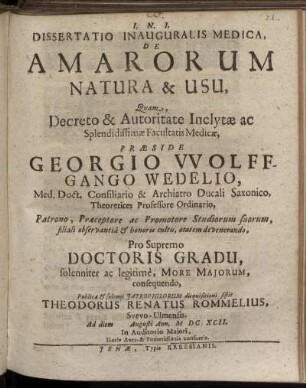 Dissertatio Inauguralis Medica, De Amarorum Natura & Usu