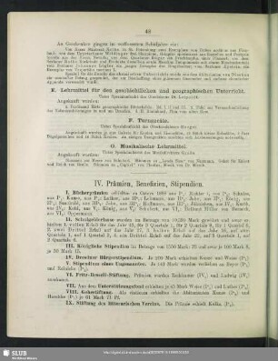 IV. Prämien, Benefizien, Stipendien
