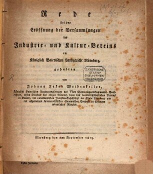 Rede bei der Eröffnung der Versammlungen des Industrie- und Kultur-Vereins im Landgericht Nürnberg