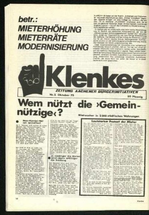 Betr.: Mieterhöhung, Mieterräte, Modernisierung. Auszüge aus "Klenkes : Zeitung Aachener Bürgerinitiativen"