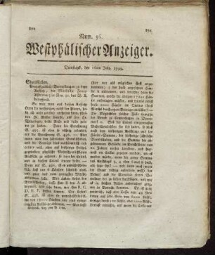 Num 56. Westphälischer Anzeiger. Dienstags, den 16ten July. 1799. - Num. 57. Westphälischer Anzeiger. Freitags, den 19ten July. 1799.