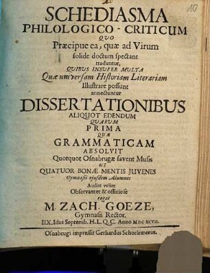 Schediasma philologico-criticum quo præcipue ea, quæ ad virum solide doctum spectant traduntur, ...