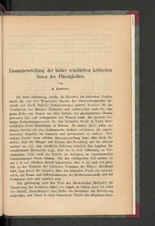 Zusammenstellung der bisher ermittelten kritischen Daten der Flüssigkeiten.