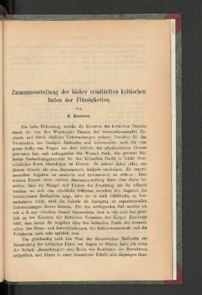 Zusammenstellung der bisher ermittelten kritischen Daten der Flüssigkeiten.