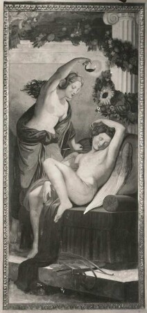 Psyche belauscht den schlafenden Amor : Freskenzyklus Amor und Psyche. Bild 3: Psyche belauscht den schlafenden Amor. Fresko; 2,12 x 0,70 m (1838; L. Schulz). Gartenpavillon des Schlosses Rüdigsdorf