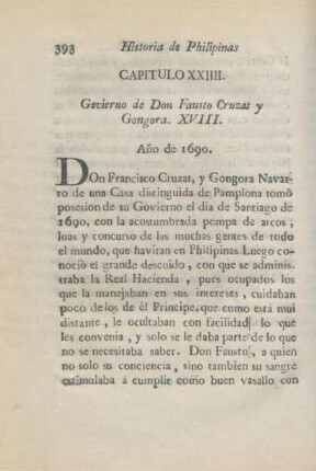 Capitulo XXIIII. Govierno de Don Fausto Cruzat y Gongora. XVIII.