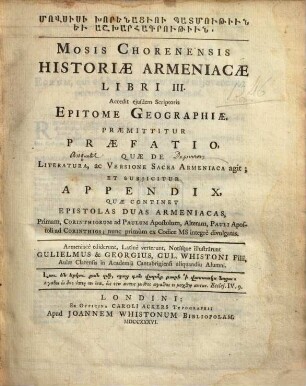 Mosis Chorenensis Historiae Armeniacae libri III