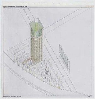 Städtebaulicher Ideenwettbewerb "Fasanenstraße", 2. Stufe, Engerer Bauwettbewerb (nicht realisiert) – Kantdreieck: Isometrische Projektion. Berlin-Charlottenburg/Wilmersdorf, Grolmanstraße 41-43, Kantstraße 155-157, Fasanenstraße 81, Fasanenstraße 76-77, Uhlandstraße 18-19