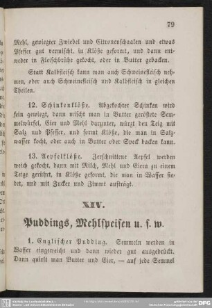 XIV. Puddings, Mehlspeisen u. s. w.