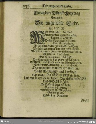 Der andere Pfingst-Feyertag Entzündet Die ungeliebte Liebe