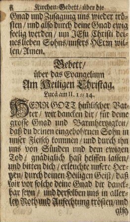 Gebett/ über das Evangelium Am Heiligen Christag.