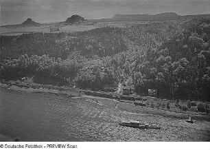 Blick von der Kleinen Bastei (rechtselbisch) auf Hirschmühle, Zirkelstein, Kaiserkrone und Zschirnsteine