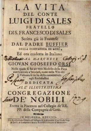 La Vita Del Conte Luigi Di Sales Fratello Di S. Francesco Di Sales