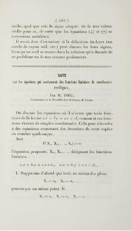 Note sur les équations qui continuent des fonctions linéaires de coordonnées rectilignes.
