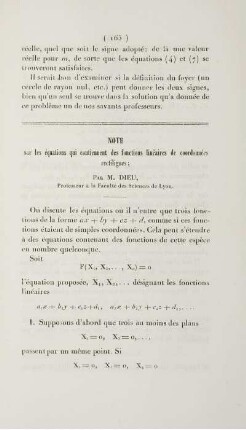 Note sur les équations qui continuent des fonctions linéaires de coordonnées rectilignes.