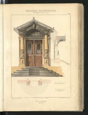 Villa in Zürich. Hausthüre. Prof. F. Bluntschli, Architekt. Aufriss, Grundriss u. Schnitt