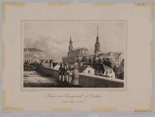 Blick von der östlichen Zwingerbalustrade nach Nordosten auf die erste Semperoper (Hoftheater), die Katholische Hofkirche (Kathedrale), das Schloss und Häuser des Italienischen Dörfchens