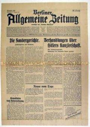Tageszeitung "Berliner Allgemeine Zeitung" u.a. zu den Verhandlungen mit Hitler über die Regierungsübernahme