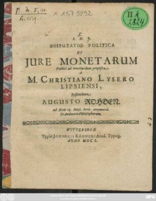 Disputatio Politica De Iure Monetarum