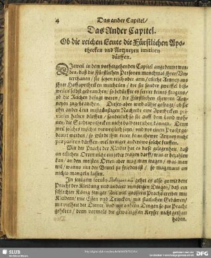 Das Ander Capitel. Ob die reichen Leute die Fürstlichen Apothecken und Artzneyen imitiren dürffen