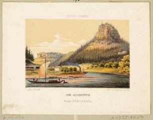 Der Lilienstein in der Sächsischen Schweiz über der Elbbiegung von Prossen im Osten, im Hintergrund der Königstein mit der Festung