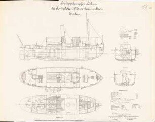 Schleppdampfer »Petkum« der Wasserbauinspektion, Emden: Schnitte, Grundriss 1:50