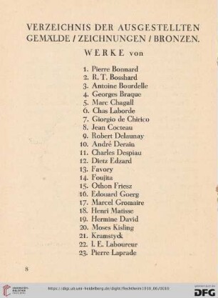 Verzeichnis der ausgestellten Gemälde/Zeichnungen/ Bronzen
