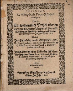 Iudicium de Theophr. Paracelsi scriptis theologicis