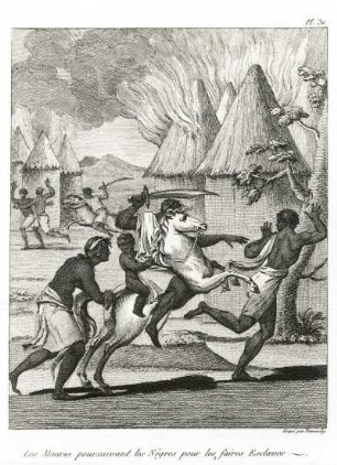 Les Maures poursuivant les Négres pour les faires Esclaves : Les Maures poursuivant les Négres pour les faires Esclaves. Stich; 14 x 11 cm (1751/1800; Jourdan)