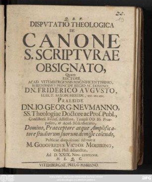 Dispvtatio Theologica De Canone S. Scriptvrae Obsignato