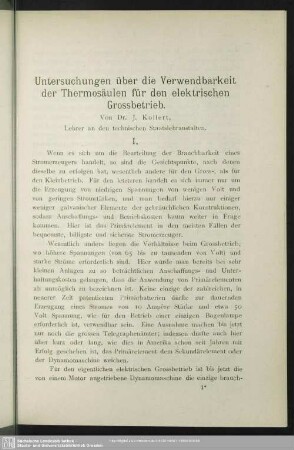 Untersuchungen über die Verwendbarkeit der Thermosäulen für den elektrischen Grossbetrieb