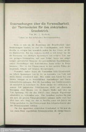 Untersuchungen über die Verwendbarkeit der Thermosäulen für den elektrischen Grossbetrieb