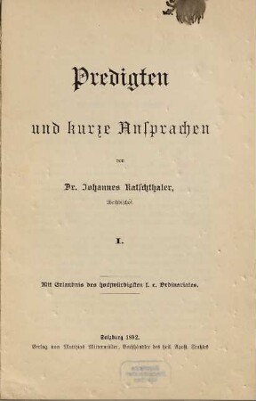 Predigten und kurze Ansprachen, 1