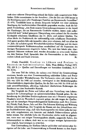 Hauschild, Ursula :: Studien zu Löhnen und Preisen in Rostock im Spätmittelalter, (Quellen und Darstellungen zur hansischen Geschichte, N.F., 19) : Köln u.a., Böhlau, 1973