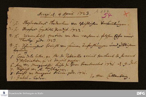 Bescheinigung von Johann Heinrich Callenberg über den Empfang von Büchern und Handschriften.