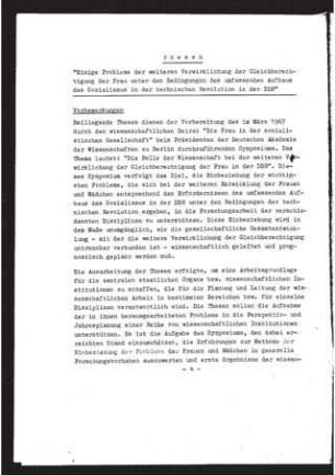 Einige Probleme der weiteren Verwirklichung der Gleichberechtigung der Frau unter den Bedingungen des umfassenden Aufbaus des Sozialismus in der technischen Revolution in der DDR : Thesen