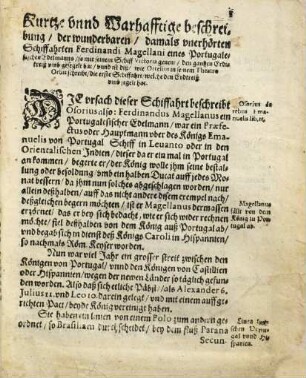 ... Schiffahrt ..., 6. Sechste Theil: Kurtze, Warhafftige Relation und beschreibung der Wunderbarsten vier Schiffarten, so jemals verricht worden : Als nemlich: Ferdinandi Magellani Portugalesers, mit Sebastiano de Cano. Francisci Draconis Engeländers. Thomae Candisch Engeländers. Olivarii von Noort, Niderländers ; So alle vier umb den gantzen Erdtkreiß gesegelt