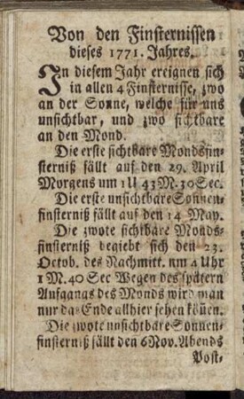 Von den Finsternissen dieses 1771. Jahres.