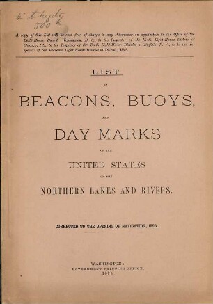 List of beacons, buoys, and day marks of the United States on the Northern lakes and rivers. 1896