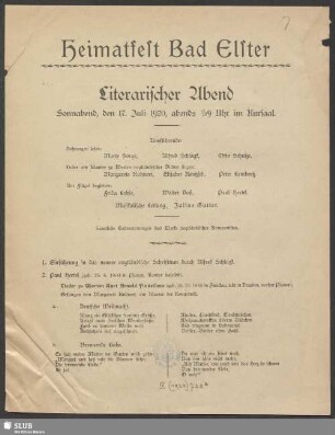 Heimatfest Bad Elster : Literarischer Abend : Sonnabend, den 17. Juli 1920 ...