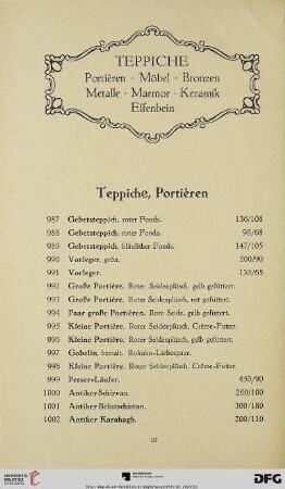 Teppiche, Portièren, Möbel Bronzen, Metalle, Marmor, Keramik, Elfenbein (Nr. 987-