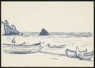 Skizze: Strand mit Booten und Felsen