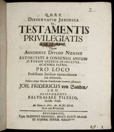 Dissertatio Iuridica De Testamentis Privilegiatis Prima