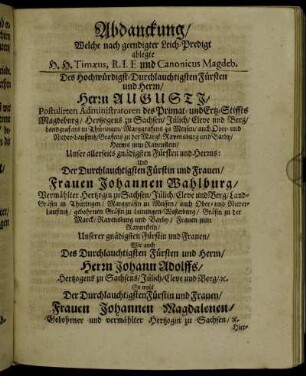 Abdanckung/ Welche nach geendigter Leich-Predigt ablegte H. H. Timaeus ...